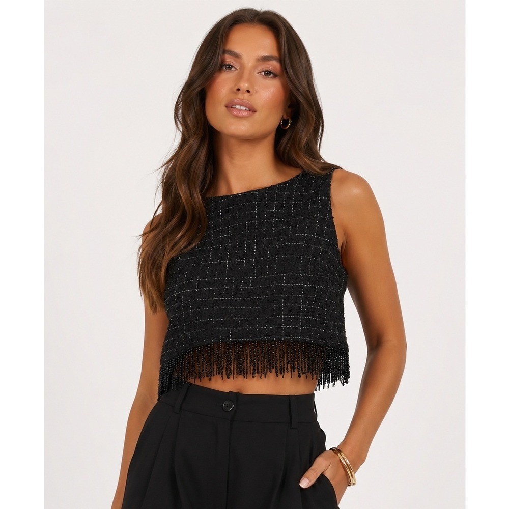 Petal + Pup‎ Milana Black Tweed Beaded Fringe Crop Top Size XL NEW